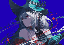 Rule 34 | 1girl, aqua gloves, aqua hat, arknights, artist logo, ascot, black ascot, blue background, closed mouth, commentary, detached sleeves, dress, english commentary, expressionless, eyelashes, gloves, grey hair, hair between eyes, hair ornament, hat, highres, holding, holding staff, long hair, portrait, red dress, red eyes, simple background, skadi (arknights), skadi the corrupting heart (arknights), solo, staff, tampaman