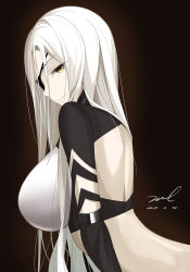 Rule 34 | 1girl, alchemist (girls&#039; frontline), arched back, back, backless outfit, black background, breasts, crop top, eyepatch, from side, girls&#039; frontline, large breasts, long hair, long sleeves, looking at viewer, midriff, sangvis ferri, signature, smile, solo, unel, white hair, yellow eyes