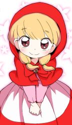 Rule 34 | 1girl, blonde hair, bow, brown eyes, capelet, child, dokan (dkn), dress, female focus, hood, hood up, hooded capelet, little red riding hood, little red riding hood (grimm), looking at viewer, low twintails, own hands clasped, red bow, red capelet, smile, solo, twintails, v arms
