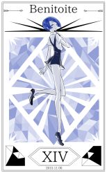 Rule 34 | 10s, 1other, 2015, :o, androgynous, arm at side, back, bare arms, bare legs, benitoite (houseki no kuni), black footwear, black shorts, blue eyes, blue hair, blue nails, blue theme, border, character name, cojima, collared shirt, dated, gem (symbol), full body, houseki no kuni, long legs, looking at viewer, matching hair/eyes, monochrome, nail polish, pale skin, roman numeral, shirt, shoes, short hair, short sleeves, shorts, solo, standing, standing on one leg, suspender shorts, suspenders, tiptoes, uniform, white shirt