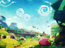 Rule 34 | blue sky, bronto burt, bug, butterfly, castle, castle dedede, cliff, cloud, day, gooey (kirby), grass, highres, insect, kirby, kirby: star allies, kirby (series), mountain, nintendo, noddy (kirby), outdoors, revision, running, sky, star (symbol), suyasuyabi, tree