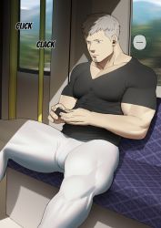 Rule 34 | ..., 1boy, bara, black shirt, bulge, closed mouth, covered erect nipples, day, facial hair, grey eyes, grey hair, holding, holding phone, large pectorals, looking at phone, male focus, muscular, muscular male, nipples, nywlub (bulwyn), original, paid reward available, pants, pectorals, phone, shirt, short hair, sitting, solo, taut clothes, taut pants, taut shirt, thick thighs, thighs, train, train interior, white pants, window