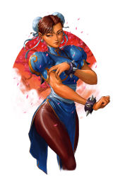 Rule 34 | 1girl, bracelet, brown eyes, brown hair, brown pantyhose, capcom, china dress, chinese clothes, chun-li, clenched hand, dave rapoza, double bun, dress, hair bun, highres, jewelry, looking back, pantyhose, pelvic curtain, solo, spiked bracelet, spikes, street fighter