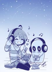 Rule 34 | 1girl, album cover, black pants, blue background, blue sky, blush, cd case, closed eyes, closed mouth, cover, frisk (undertale), ghost, greyscale, headphones, heart, highres, holding, holding cd, long sleeves, monochrome, musical note, napstablook, on floor, pants, sandragh, short hair, sitting, sky, smile, star (sky), stereo, striped clothes, striped sweater, sweater, tears, thumbs up, undertale