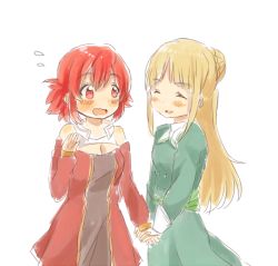 Rule 34 | 2girls, blonde hair, blush, breasts, cleavage, cleavage cutout, closed eyes, clothing cutout, dress, flying sweatdrops, foomi, green dress, hair bun, holding hands, izetta, long hair, long sleeves, looking at another, multiple girls, open mouth, ortfine fredericka von eylstadt, parted lips, red dress, red eyes, red hair, shuumatsu no izetta, simple background, single hair bun, sketch, sleeves past wrists, small breasts, smile, very long hair, wavy mouth, white background, yuri