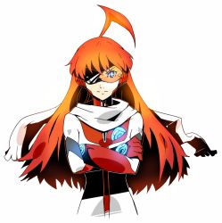 Rule 34 | + +, 00s, 1girl, ahoge, android, blue eyes, bodysuit, buster machine 7, cross-shaped pupils, crossed arms, glowing, glowing hair, long hair, nono (top wo nerae 2!), orange hair, scarf, solo, sunglasses, symbol-shaped pupils, tomo (touajukou), top wo nerae 2!, touajukou