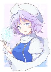 Rule 34 | 1girl, blue eyes, blue vest, hat, highres, juliet sleeves, letty whiterock, light purple hair, long sleeves, open mouth, puffy sleeves, scarf, short hair, smile, snowflakes, solo, touhou, upper body, vest, white hat, white scarf, yutamaro