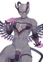 Rule 34 | 1boy, :p, abs, absurdres, alternate costume, alternate pectoral size, bara, chest tattoo, colored skin, commentary request, cosplay, curled horns, demon boy, detached sleeves, fate/grand order, fate (series), glasses, grey hair, grey skin, highres, horns, jacques de molay (foreigner) (fate), jacques de molay (foreigner) (fate) (cosplay), jacques de molay (foreigner) (third ascension) (fate), jacques de molay (saber) (fate), looking at viewer, male focus, muscular, muscular male, navel, nipples, p3ta (yio), pectoral cleavage, pectorals, penis, short hair, solo, stomach, tattoo, thick thighs, thighs, tongue, tongue out, uncensored, yellow eyes