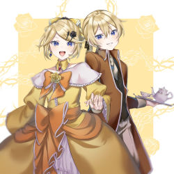 Rule 34 | aku no meshitsukai (vocaloid), aku no musume (vocaloid), allen avadonia, ascot, blonde hair, blue eyes, bow, brooch, brother and sister, brown jacket, butler, choker, cup, dress, dress bow, earrings, evillious nendaiki, floral background, flower, frilled sleeves, frills, grin, hair between eyes, hair bow, hair ornament, hair ribbon, hairclip, highres, holding hands, interlocked fingers, jacket, jewelry, kagamine len, kagamine rin, open mouth, orange bow, pino (user wkpu2337), ribbon, riliane lucifen d&#039;autriche, rose, short ponytail, siblings, smile, swept bangs, tea set, teacup, teapot, thorns, tray, twins, vocaloid, wide sleeves, yellow background, yellow bow, yellow choker, yellow dress, yellow flower, yellow rose