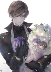 Rule 34 | 1boy, artem wing (tears of themis), black coat, black gloves, black sweater, blue eyes, bouquet, brown hair, coat, commentary, doll, english commentary, flower, gloves, highres, holding, holding bouquet, male focus, marius von hagen (tears of themis), melrw22, parted lips, scarf, short hair, simple background, snowing, solo, sweater, tears of themis, turtleneck, turtleneck sweater, white background, white flower, white scarf