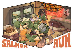 Rule 34 | + +, 4girls, adjusting clothes, adjusting gloves, adjusting headwear, baseball cap, bear, black hair, black skin, boots, brown eyes, callie (splatoon), colored skin, commentary, cooler, cousins, cup, earrings, elbow gloves, english commentary, english text, fangs, gloves, golden egg, gomipomi, gradient hair, grate, green footwear, green gloves, green hair, green headwear, grey hair, grin, hat, holding, holding clothes, holding cup, holding hat, hook, hose, interlocked fingers, jewelry, long hair, long sleeves, looking at another, marie (splatoon), marina (splatoon), mole, mole under eye, monitor, multicolored hair, multiple girls, neon lights, nintendo, octoling, open mouth, orange overalls, overalls, own hands together, pearl (splatoon), pink hair, pointy ears, print headwear, rubber boots, rubber gloves, salmon run (splatoon), shirt, short hair, smile, splatoon (series), splatoon 2, standing, tentacle hair, white shirt
