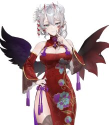 Rule 34 | 1girl, alternate costume, asymmetrical wings, blue eyes, breasts, china dress, chinese clothes, cleavage, commentary, detached sleeves, dress, earrings, english commentary, grey dress, hair behind ear, hand on own hip, highres, horns, indie virtual youtuber, jewelry, large breasts, looking at viewer, noe pun, parted lips, pointy ears, purple ribbon, red dress, ribbon, skin-covered horns, solo, thighhighs, valentina chisei, virtual youtuber, wings
