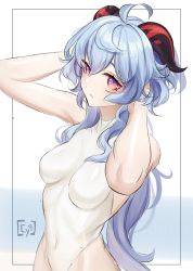 Rule 34 | 1girl, absurdres, ahoge, arms up, blue hair, blush, breasts, covered navel, from side, ganyu (genshin impact), genshin impact, highres, horns, long hair, looking to the side, low ponytail, medium breasts, multicolored eyes, notcy4n, one-piece swimsuit, purple eyes, sidelocks, signature, sketch, solo, standing, swimsuit, white one-piece swimsuit