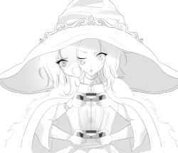 Rule 34 | 1girl, angry, cloak, controller, cracked skin, dress, elden ring, extra arms, extra faces, fur cloak, game console, greyscale, hat, highres, jewelry, joints, long hair, looking at viewer, monochrome, one eye closed, open mouth, playstation 5, ranni the witch, simple background, solo, umisaki, witch