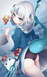 Rule 34 | 1girl, ass, black one-piece swimsuit, bloop (gawr gura), blue eyes, blue hair, blue hood, clownfish, drawstring, fins, fish, fish tail, from behind, gawr gura, gawr gura (1st costume), grey hair, highres, hololive, hololive english, hood, hoodie, long sleeves, looking at viewer, looking to the side, multicolored hair, one-piece swimsuit, panties, polearm, saebashi, shark tail, smile, solo, streaked hair, swimsuit, tail, trident, tropical fish, two side up, underwater, underwear, virtual youtuber, weapon, wedgie