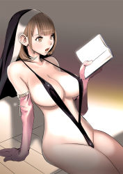 Rule 34 | 1girl, arm support, armlet, bare shoulders, bikini, black bikini, blunt bangs, book, breasts, brown eyes, brown hair, cleavage, collarbone, covered erect nipples, cowboy shot, cross, dytm, elbow gloves, gloves, gradient background, groin, habit, highres, holding, holding book, huge breasts, jewelry, nun, nun (dtym), open book, open mouth, original, pink gloves, reading, shadow, short hair, sitting, slingshot swimsuit, solo, strap gap, swimsuit, wooden floor