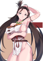Rule 34 | 1girl, arm behind head, arm under breasts, arm up, armpits, bare shoulders, blush, body markings, breasts, brown eyes, brown hair, closed mouth, dress, facial mark, fate/grand order, fate (series), forehead, forehead mark, highres, himiko (fate), large breasts, long hair, looking at viewer, magatama, magatama necklace, mrnn, necklace, no bra, no panties, sash, side slit, sideboob, smile, thighs, topknot, white dress