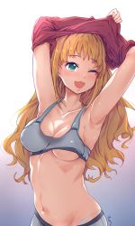 Rule 34 | 10s, 1girl, :3, aningay, armpits, arms up, blonde hair, blue panties, breasts, cleavage, collarbone, gradient background, green eyes, highres, hino akane (idolmaster), idolmaster, idolmaster cinderella girls, looking at viewer, medium breasts, navel, one eye closed, open mouth, panties, solo, sports bra, stomach, sweat, underboob, underwear, undressing