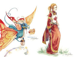 Rule 34 | 1girl, blue eyes, brown hair, cape, claparo, dragon, dungeons &amp; dragons, fairy dragon, fairy wings, fantasy, food, food on face, gloves, honey, horns, jar, pathfinder, ponytail, priest (warcraft), signature, simple background, solo, warcraft, watermark, web address, white background, wings, world of warcraft