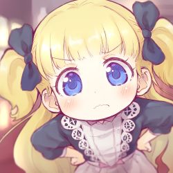 Rule 34 | 1girl, blonde hair, blue eyes, blurry, blurry background, closed mouth, dress, emilico (shadows house), foreshortening, hair ornament, hand on own hip, hands on own hips, highres, looking at viewer, pout, ribbon, sakurabe notos, shadows house, solo, twintails, two side up