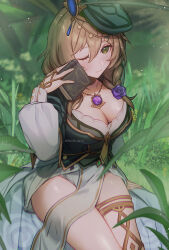 Rule 34 | 1girl, ;), braid, breasts, brown hair, cleavage, closed mouth, day, dress, flower, genshin impact, grass, green dress, green eyes, green hat, hat, jewelry, large breasts, layered dress, lisa (a sobriquet under shade) (genshin impact), lisa (genshin impact), long hair, long sleeves, looking at viewer, necklace, one eye closed, outdoors, purple flower, purple rose, rose, sadiwosan, side braid, sitting, smile, solo, thighlet, twitter username, vision (genshin impact), white dress