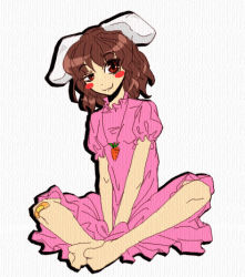 Rule 34 | 1girl, :3, aduman, animal ears, bad id, bad pixiv id, bandaid, bandaid on knee, bandaid on leg, barefoot, blush stickers, brown hair, butterfly sitting, carrot necklace, feet, female focus, full body, ganmen2525, inaba tewi, jewelry, lowres, necklace, rabbit ears, red eyes, short hair, sitting, solo, touhou