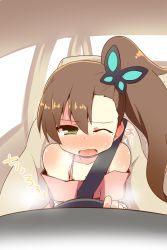 Rule 34 | 1girl, bare shoulders, blush, brown hair, butterfly hair ornament, car, chousoku henkei gyrozetter, driving, green eyes, hair ornament, highres, inaba rinne, long hair, motor vehicle, nanateru, one eye closed, open mouth, peeing, peeing self, seatbelt, sexually suggestive, side ponytail, solo, tears, vehicle, wink