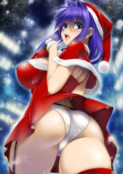 Rule 34 | 1girl, ass, blue eyes, blush, breasts, capelet, christmas, covered erect nipples, dress, from below, garter straps, gloves, hair intakes, hat, huge breasts, impossible clothes, impossible shirt, kanon, lips, long hair, looking at viewer, looking back, mature female, minase akiko, mitarashi kousei, open mouth, panties, purple hair, red skirt, red thighhighs, santa costume, santa hat, shirt, sideboob, skirt, snow, snowing, solo, thighhighs, underwear, white panties