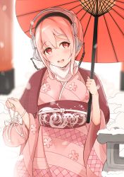 Rule 34 | 10s, 1girl, 2016, arykei, blush, breasts, female focus, headphones, highres, japanese clothes, kimono, large breasts, long hair, looking at viewer, nengajou, new year, nitroplus, obi, oil-paper umbrella, open mouth, pink hair, red eyes, sash, smile, solo, super sonico, umbrella