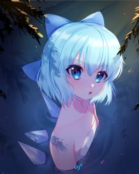 Rule 34 | 1girl, artist name, bare shoulders, blue hair, blush, chestnut mouth, cirno, collarbone, colored eyelashes, dappled sunlight, flat chest, hair between eyes, head tilt, highres, ice, ice wings, in water, kayo (skc08049), light blue hair, looking at viewer, naked towel, onsen, open mouth, pink lips, round teeth, short hair, solo, sunlight, teeth, touhou, towel, wings