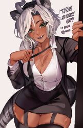 Rule 34 | 1girl, animal ears, breasts, cleavage, commentary, dark-skinned female, dark skin, english commentary, english text, green eyes, grey hair, highres, horns, indie virtual youtuber, jewelry, large breasts, looking at viewer, necklace, necktie, sansin jin, second-party source, short hair, skindentation, skirt, solo, suliavtuber, tail, teeth, thighhighs, virtual youtuber