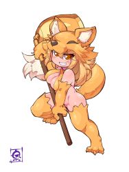 Rule 34 | 1girl, absurdres, animal feet, animal hands, bell, blonde hair, blush, bottomless, breasts, brown eyes, cleavage, commentary request, commission, fox girl, fox hat, fox tail, fukurou (owl222), full body, grin, highres, holding, holding staff, looking at viewer, medium breasts, medium hair, moonlight flower, ragnarok online, second-party source, signature, simple background, skeb commission, smile, solo, staff, tail, white background