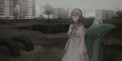 Rule 34 | 1girl, black ribbon, blue eyes, breasts, brown hair, building, chihuri, closed mouth, commentary request, dress, eva (chihuri), gloves, hair between eyes, hairband, highres, juliet sleeves, lamppost, long sleeves, medium breasts, neck ribbon, original, outdoors, overcast, puffy sleeves, renata alekseevna tsvetaeva, ribbon, sky, sleeves past wrists, solo, standing, tire, tree, white dress, white gloves, white hairband, wide sleeves
