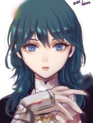 Rule 34 | 1girl, blue eyes, blue hair, byleth (female) (fire emblem), byleth (fire emblem), commentary request, fire emblem, fire emblem: three houses, hand up, highres, long hair, looking at viewer, nintendo, parted lips, portrait, simple background, solo, white background, yamamori kinako
