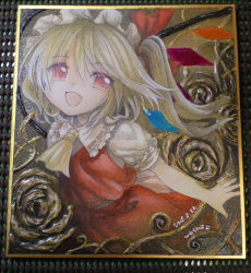 Rule 34 | 1girl, ascot, blonde hair, dress, fang, flandre scarlet, hat, mob cap, mosho, painting (medium), painting (object), puffy short sleeves, puffy sleeves, red dress, red eyes, shikishi, shirt, short sleeves, side ponytail, smile, solo, touhou, traditional media, watercolor (medium), wings