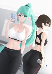 Rule 34 | 2girls, alternate costume, arm behind back, ass, back, black pants, black sports bra, bottle, braid, breasts, brown hair, cellphone, closed mouth, crown braid, from behind, green eyes, green hair, grin, hand up, high ponytail, highres, holding, holding bottle, holding phone, large breasts, long hair, looking at viewer, looking back, midriff, multiple girls, navel, niijima makoto, nottme, pants, persona, persona 5, phone, pneuma (xenoblade), red eyes, selfie, short hair, small breasts, smartphone, smile, sports bra, sportswear, stomach, thigh gap, tight clothes, tight pants, very long hair, water bottle, white sports bra, xenoblade chronicles (series), xenoblade chronicles 2, yoga pants