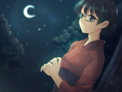 1girl artist_request black_hair blue_eyes closed_mouth crescent_moon game_cg glasses hakamichi_shizune japanese_clothes katawa_shoujo kimono moon night night_sky non-web_source official_art outdoors red_kimono short_hair sky smile solo star_(sky) tree upper_body