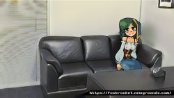 Rule 34 | 1girl, annie (skullgirls), bodice, casting couch, collarbone, couch, covered erect nipples, dress, fuckrocket, green hair, hood, looking at viewer, puffy sleeves, see-through, see-through shirt, sitting, skullgirls, smile, solo, table, yellow eyes, aged down