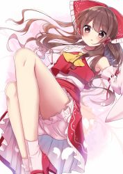 Rule 34 | 1girl, ascot, bloomers, blush, bow, brown hair, detached sleeves, frills, hair bow, hair tubes, hakurei reimu, highres, long hair, looking at viewer, parted lips, petticoat, red bow, red footwear, red skirt, ribbon trim, shinonome asu, shoes, skirt, skirt set, socks, solo, touhou, underwear, white socks
