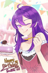 Rule 34 | 1girl, :q, absurdres, bare shoulders, beifeng han, blush, cake, cake slice, character name, collarbone, confetti, cowlick, cream, cream on face, dress, food, food on face, frills, hair between eyes, happy birthday, highres, long hair, miyaura sanshio, off-shoulder dress, off shoulder, one eye closed, original, plate, purple eyes, purple hair, red dress, smile, sparkle, spoon, tongue, tongue out, upper body