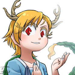 Rule 34 | &gt;:), antlers, blonde hair, blue shirt, chamaji, commentary request, dragon girl, dragon horns, dragon tail, horns, kicchou yachie, lowres, profile picture, red eyes, shirt, short hair, simple background, smile, tail, touhou, turtle shell, white background