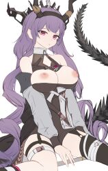 Rule 34 | 1girl, absurdres, arknights, bare shoulders, black dress, black thighhighs, breasts, breasts out, cleavage cutout, clothes pull, clothing cutout, curly hair, dress, dress pull, flat color, garter straps, headgear, highres, horns, large breasts, looking at viewer, mizuhashi parusui, nipples, purple hair, red eyes, simple background, single thighhigh, sitting, solo, tail, thighhighs, typhon (arknights), wariza, white background