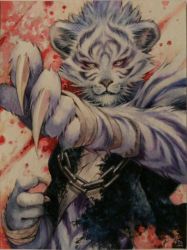 Rule 34 | 1boy, bad id, bad pixiv id, bandaged hand, bandages, blood, blood splatter, chain, claws, furry, furry male, hoshizaki reita, looking at viewer, male focus, original, photo (medium), signature, slit pupils, solo, tiger, traditional media, upper body, white tiger, yellow eyes