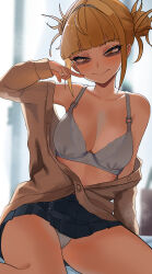 Rule 34 | 1girl, absurdres, bags under eyes, bare legs, bare shoulders, bedroom, blonde hair, blush, boku no hero academia, bra, breasts, cleavage, collarbone, double bun, hair bun, highres, jacket, jacket partially removed, large breasts, lens flare, looking at viewer, messy hair, on bed, open mouth, panties, pleated skirt, school uniform, sitting, skirt, slit pupils, solo, sunlight, toga himiko, underwear, white bra, white panties, yellow eyes, zd (pixiv6210083)