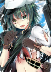 Rule 34 | 10s, 1girl, cape, eyepatch, unworn eyepatch, gloves, green eyes, green hair, hat, heterochromia, kantai collection, kiso (kancolle), kiso kai ni (kancolle), looking at viewer, machinery, matching hair/eyes, midriff, navel, open mouth, scar, scar across eye, scar on face, short hair, solo, suishin tenra, suitenjh, torn clothes, yellow eyes