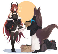 Rule 34 | ..., 2girls, animal ear fluff, animal ears, arknights, bare shoulders, black coat, black dress, black footwear, black legwear, black ribbon, blush, breasts, cleavage, closed mouth, coat, detached collar, doctor (arknights), dress, eye contact, female doctor (arknights), fox ears, fox girl, fox tail, frilled dress, frills, hair ribbon, high heels, hinagi (fox priest), holding, holding carton, horns, large tail, long hair, long skirt, long sleeves, looking at another, low-tied long hair, medium breasts, multiple girls, off shoulder, open clothes, open coat, orundum (arknights), pantyhose, purple eyes, red hair, ribbon, skirt, speech bubble, spoken ellipsis, surtr (arknights), sweatdrop, tail, two-tone background, very long hair, white skirt