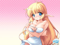Rule 34 | 1girl, blonde hair, blue eyes, blush, breasts, character request, cleavage, dress, elf, emily (pure dream), eya interactive, large breasts, long hair, luna online, pointy ears, smile, solo, undressing, wallpaper, white dress