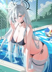 Rule 34 | 1girl, ahoge, animal ear fluff, animal ears, arm support, bikini, black bikini, blue archive, blue eyes, blush, breasts, broken halo, choker, cleavage, collarbone, commentary, cross, cross hair ornament, cross necklace, dark halo, day, grey hair, hair between eyes, hair ornament, halo, highres, huge breasts, jewelry, large breasts, long hair, looking at viewer, mismatched pupils, navel, necklace, nenight, outdoors, partially submerged, poolside, shiroko (blue archive), shiroko terror (blue archive), solo, swimsuit, thigh strap, very long hair, wire fence, wolf ears