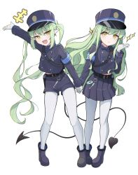Rule 34 | 2girls, black footwear, black hat, black jacket, black shorts, black skirt, black tail, blue archive, blush, boots, closed mouth, demon tail, full body, gloves, green hair, hat, highres, hikari (blue archive), jacket, jimieokaes, long hair, long sleeves, looking at viewer, multiple girls, nozomi (blue archive), open mouth, pantyhose, peaked cap, pleated skirt, pointy ears, shorts, siblings, simple background, sisters, skirt, smile, tail, twins, twintails, white background, white gloves, white pantyhose, yellow eyes
