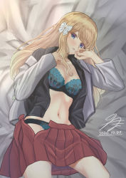 Rule 34 | 1girl, absurdres, black shirt, blonde hair, blouse, blue eyes, blush, bow, bra, breasts, dress, elf, hair bow, highres, large breasts, long hair, looking at viewer, on bed, open clothes, open dress, open shirt, pointy ears, princess connect!, saren (princess connect!), saren (real) (princess connect!), shirt, skirt, solo, tama notoma, underwear